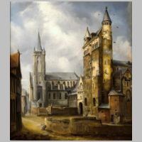 Maastricht, Olieverfschilderij door Alexander Schaepkens van de Sint-Nicolaaskerk en de Onze-Lieve-Vrouwekerk in Maastricht, Wikipedia.jpg